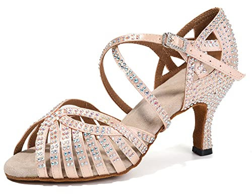 HIPPOSEUS Chaussures de Danse Latine Femme Strass Rose Clair Salsa Bachata Souple Chaussures Danse Talon de 7cm, 38 EU