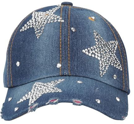 MEGAUK Damen Jeans Baseball Cap Denim Baseballkappe Washed Cotton Used Look Basecap Verstellbare Vintage Basecap Nieten Punk Kappe Für Großen Kopf