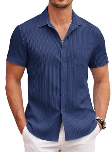COOFANDY Chemise d'été décontractée à Manches Courtes pour Homme - Coupe Droite - Rayures ondulées - Chemise de Plage texturée avec Poche - Bleu Marine XXL