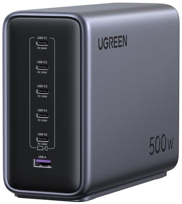UGREEN Nexode 500W Caricabatterie USB C, Stazione di Ricarica, Caricabatterie da Tavolo, Multi-Compatibile con MacBook, iPad Pro/Air, iPhone 17 Pro Max Air/Serie 16-12, Galaxy S25-S22