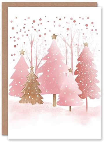 Artery8 Pink Gold Decorated Tree Winter Watercolour For Her Woman Christmas Card