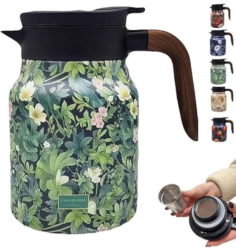 Kelansu-Teekanne, Teethermoskanne mit Vintage-Blumenmuster, Thermoskanne aus Edelstahl mit Deckel, isolierte Teekanne mit integriertem Teesieb für Heißgetränke (Style-A)