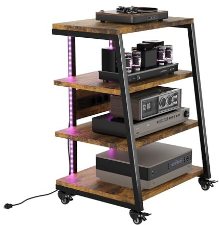 HERLLD HiFi Racks and Stands, 4-Tier Wooden Audio Rack with Power Strips, LED Lights, Wheels ans Adjustable Shelves, Record Player Stand for Turntable/av amp/Sky Box/Printer, Load Capacity 50KG