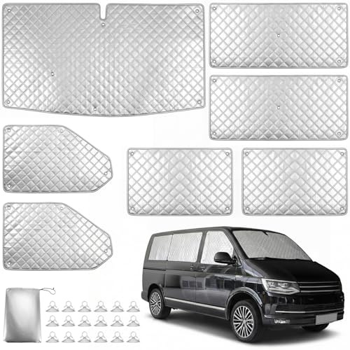 QWORK® 7 Piezas termopersianas, Manta térmica Compatible con VW LWB T5/T6, Cubierta de protección Solar Interior con ventosas para Parabrisas y 6 Ventanas Laterales.