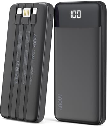 ANOUV Portable Charger with Built-in Cables 10000mAh Power Bank with Cords, Slim Fast Charging Battery Pack, Portable Phone Charger for iPhone 16/15/14/13 Series, Samsung, Pixel, Travel Essential