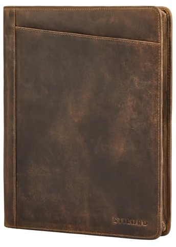 STILORD 'Marek' Echtleder Dokumentenmappe A4 Leder Konferenzmappe Vintage Schreibmappe Ledermappe mit Reißverschluss & Tabletfach 13-13,6 Zoll für Arbeit Büro Meetings, Farbe:mittel - braun