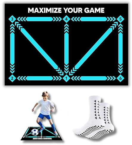 Football Training Mat -Soccer Mastery Skills XL 90x60cm Football Gifts for Boys | Pro Dribble Ball Control & Stress Relief Games for Kids Girls & Teenage | Birthday Christmas Gifts (Black Mat + Socks)