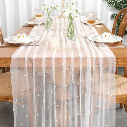 LOMOHOO Tischläufer Weiß 75x300cm Tischläufers Hochzeit with Perlen mit Tüll, Käsetuch Tischdecke Spitze Perlen Tüll Stoff Tischband für Hochzeit Brautparty Geburtstage Party Küche Tisch Dekoration