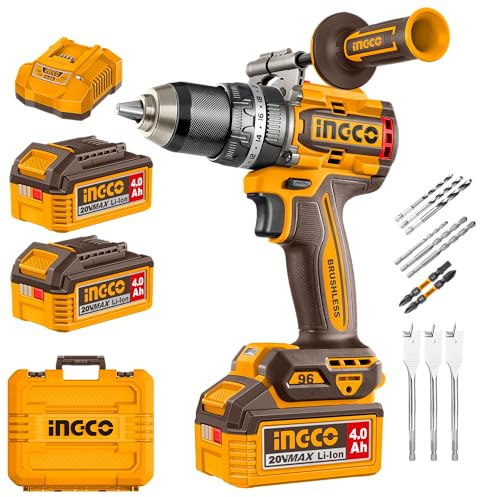 INGCO 20V Cordless Brushless Impact Drill, 96NM, Variable Speed 500/2000RPM, 13mm Chuck, 22+1+1 Torque, Auxiliary Handle, with 2Pcs 4.0Ah Battery and 1Pcs Charger CIDLI209686E