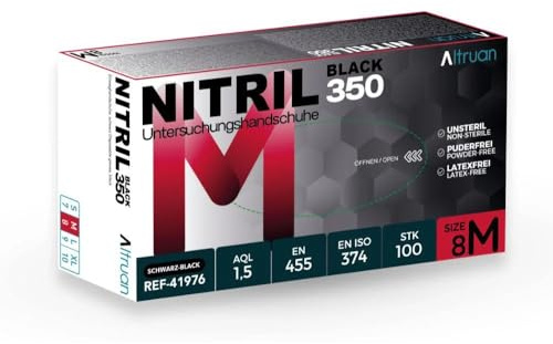 ALTRUAN Nitrilhandschuhe 100/1000 Stück, Blau/Schwarz, Nitril350, Einweghandschuhe, Einmalhandschuhe, Untersuchungshandschuhe, Handschuhe, puderfrei, latexfrei, Größe S - XL (Schwarz, M, Karton)