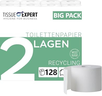 Tissue Expert Toilettenpapier Recycling 2-lagig | 128 Rollenx250 Blatt | Weiches hellgraues Klopapier aus recyceltem Altpapier | ideal für Gewerbe & Vielverbraucher | 60% PCR-Verpackung WC Papier