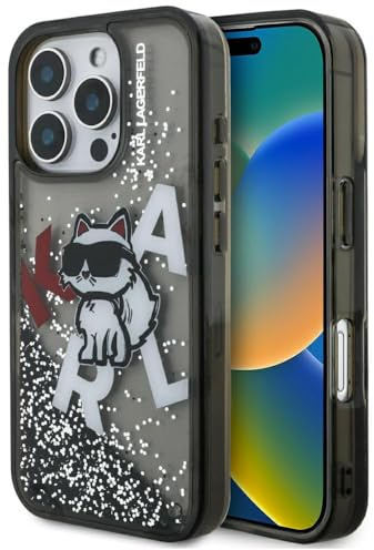 CG MOBILE Karl Lagerfeld Liquid Glitter Choupette Logo Hülle für iPhone 16 Pro (Schwarz)