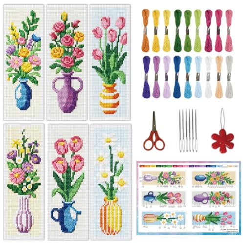 INFUNLY 6 Set Blumen Vasen DIY Kreuzstich Lesezeichen Kit für Erwachsene Tulpen Rosen Gezählte Kreuzstich Set mit Anleitung Wildblumen Gestempeltes Stickerei Lesezeichen Kit für Leser Geschenk