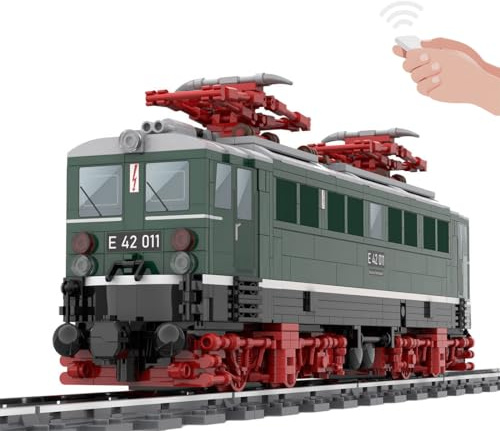 Lunaro DR Baureihe E42 Holzroller Ellok Klemmbausteine, Ferngesteuerter Zug mit Motor, DDR Reichsbahn Elektrolokomotive Modellbau Set für Erwachsene (1375 Teile)