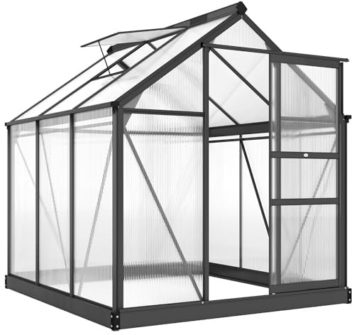 Outsunny Gewächshaus Aluminium mit Dachfenster 190x192x201cm Grau | 3,65m², Fundament, Schiebetür, 4 mm Platten, UV-Beständig, Treibhaus, Aufzucht, Tomatenhaus, Pflanzenhaus, Garten Outdoor