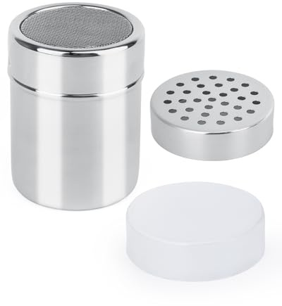 Acual Flour Shaker, Chocolate Shaker for Cappuccino | Dual Lid (Fine Mesh & Large Hole), Stainless Steel Salt Shaker for Kitchen Baking Cooking Cappuccino Coffee Latte Coffee