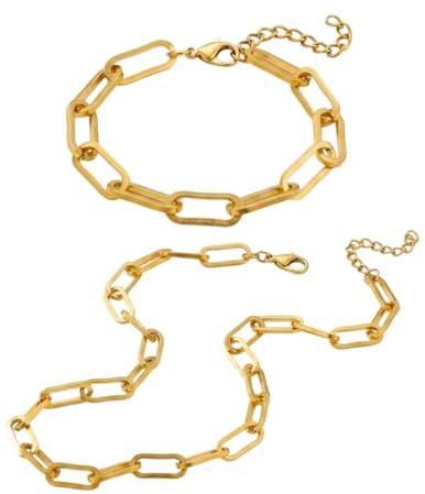meberg Karma NH11574924 Schmuckset Damen Gold Edelstahl vergoldet Halskette und Armband Kette Gliederkette Gliederarmband Geschenkset für Frauen wasserfest und hypoallergen
