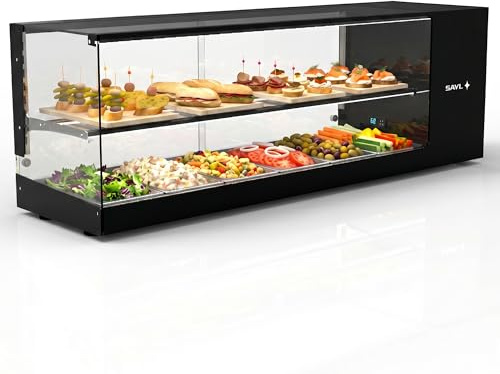 Vitrine à tapas Logic WORLDMAI x SAYL, 132 x 38 cm, 2 niveaux et 6 bacs GN 1/3 pour CHR. Vitrine réfrigérée professionnelle de comptoir avec éclairage LED, pour bar et restaurant.