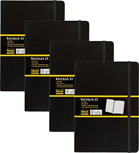 4er Pack Idena 209281 - Notizbuch DIN A5, 192 Seiten, 80 g/m², kariert, schwarz