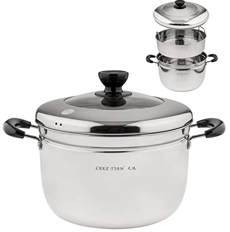 Lake Tian - Juego de utensilios de cocina de acero inoxidable de 2 niveles con cesta de inserción, gran vaporizador para cocinar alimentos, tapa de vidrio templado, apto para lavavajillas (22 cm)