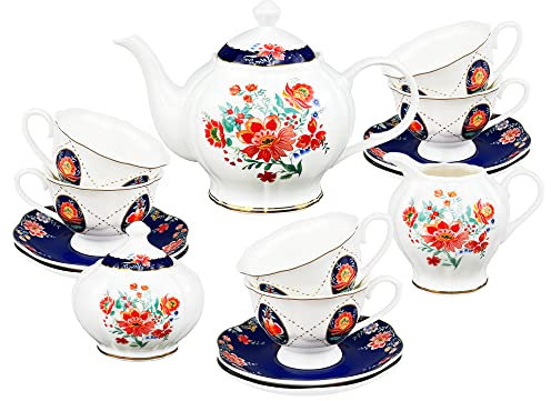 fanquare 21-Teilig Porzellan Nachmittags Teeservice, Rotes Blumen Kaffeeservice für 6 Personen, mit Teekanne, Zuckerschüssel, Milchkännchen und Teelöffel