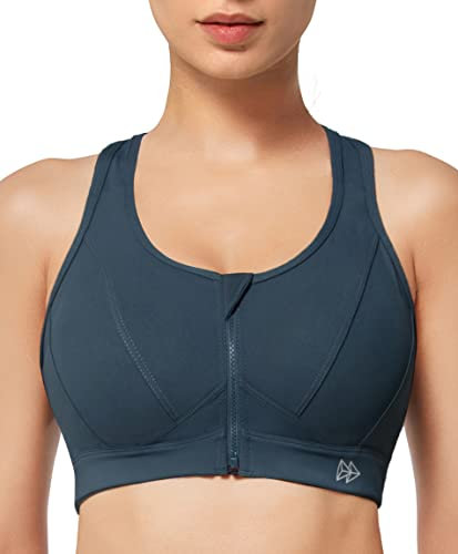 Yvette Sport BH Starker Halt Vorderverschluss Große Größe Mesh Ringerrücken für Lauf Joggen Reiten,Navy,XL Große Größen