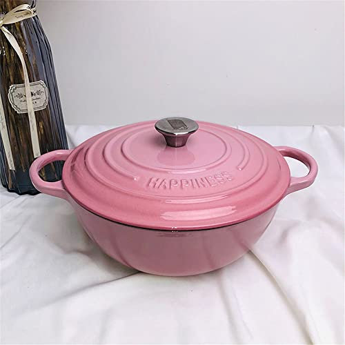 Non-Stick Shallow Cast Iron Casserole Pan – Cast Iron Pot with Lid – Enameled Cast Iron Shallow Oven Casserole Dish with Lid – Oven Safe Casserole Pot Pink 26cm