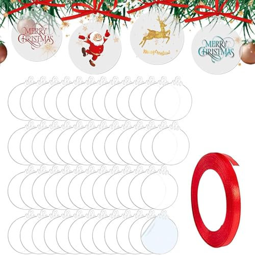 TSKDKIT 50 Pezzi Set di Ornamenti di Natale in Acrilico Trasparente con Nastro Rosso Dischi Acrilici a Cerchio 7.6cm Dischi Acrilici Dischi di Natale per Etichetta Regalo, Artigianato Fai-da-Te