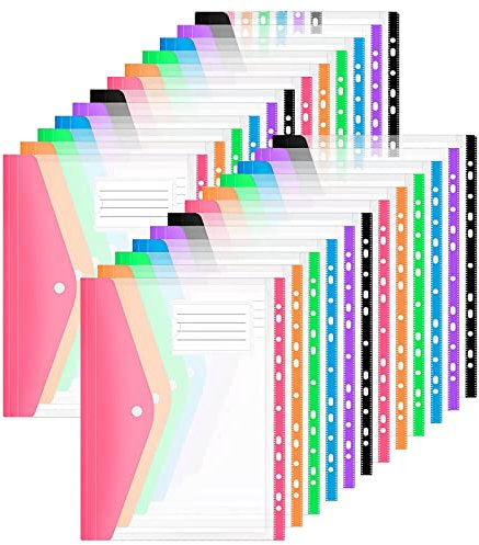 ASelected 24 Stück Dokumententasche A4 Abheftbar, Dokumentenmappe A4 Transparent für Dokumente Organisieren Dokumententasche A4 zum Abheften mit Druckknopf und Etikettentasche, 6 Farben