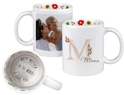 ORWO – zum Muttertag Tasse mit Foto personalisieren | für Mama: Tasse auf der Innenseite mit bunten Motiven | Boden mit Botschaft | personalisiertes Muttertagsgeschenk | M mit Foto