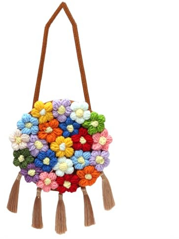 JOPOYOCO Gewebte Damen-Umhängetasche, florale Clutch, große Kapazität, magnetische Schnalle, Blumen-Geldbörse, gehäkelt, Crossbody-Tasche für Freizeit, Alltag, Partys, Abschlussball (Kreis Khaki)