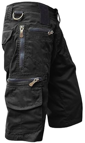 Generisch Cargo Herren 3/4 Outdoor Hose - Leichte Atmungsaktive Wanderhose Mit Taschen - Kurze Jeans Taktische Bermuda Shorts Für Sommer Freizeit (XXL, Black)
