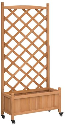 vidaXL Solid Wood Fir Planter with Trellis - Brown Rectangular Garden Box on Wheels for Outdoor, Patio, Terrace Climbing Plants