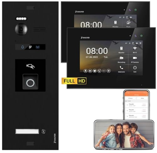 Balter EVO HD Schwarz/Schwarz Video Türsprechanlage mit Fingerprint Set für 1 Familienhaus (1x Türstation mit Full HD-Kamera, 1x7 Zoll WiFi +1x7 Zoll Monitor, 2-Draht Bus, RFID, 175° Weitwinkel, APP)