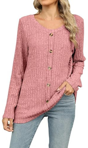 Keepink Damen-Pullover, elegant, langärmelig, lässig, Rundhalsausschnitt, Tunika, Shirts, Sweatshirts, Damen-Pullover, Blusen mit Knopf, leichte T-Shirts, 1 x Pink, 40