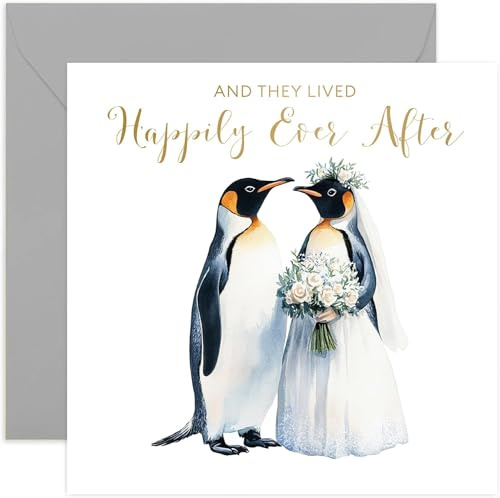 Lustige Hochzeitskarte für Paare – Glückwunschkarte mit Pinguinen für Braut und Bräutigam – Glückwunschkarten für sie mit Aufschrift Happy Ever After | Innenseite unbeschriftet