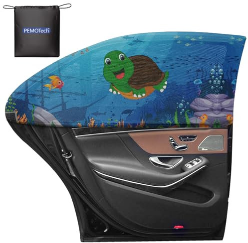 PEMOTech Sonnenschutz Auto Baby, [2 Pack/Cartoon Design] UV-Schutz Sonnenschutz Auto Kinder, Universal Dehnbare Sonnenblenden fit 99% Autos, Sichtschutz für Kinder, Familie, Haustiere, (27.2 „x39.8“)