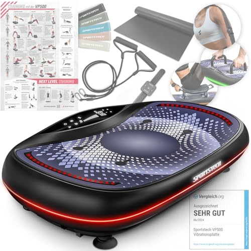 Sportstech 4D Premium Vibrationsplatte | Deutsche Qualitätsmarke | Smart LED I 3 leise Motoren I Workout Sitz & Liegestützgriffe | Touch Display + Bluetooth I Fitness & Yoga für Zuhause|VP500 (VP500)