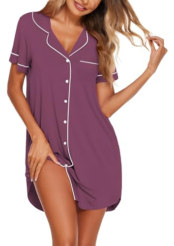 Ekouaer Ladies Nightdress Button Nighties for Women Nightshirts Nightwear Maternity Nightdress for Hospital, Deep Purple, XXL