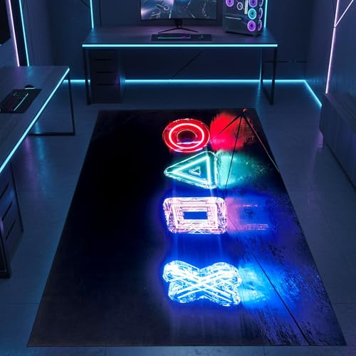 CARPETIA Gamer Teppich Neon-Look Symbole Schwarz Mehrfarbig 160x230 cm | Rutschfest, waschbar, pflegeleicht, strapazierfähig und saugrobotergeeignet, OEKO-TEX geprüft, für Gaming- & Jugendzimmer