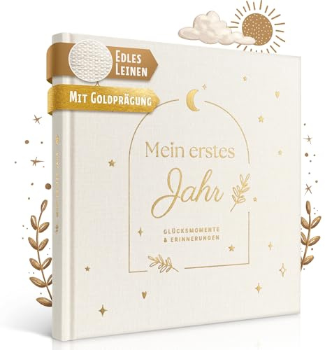 EULENTALER® Das Babyalbum mein erstes Jahr SCANDI I Von Pädagogen gestaltet I Mit handgemalten süßen Illustrationen I Echtes Leinencover + Goldprägung I Babytagebuch für Jungs & Mädchen zur Geburt