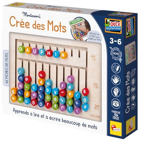 Lisciani – Montessori kreiert Wörter – Montessori-Spiel zum Lesen und Schreiben für Kinder ab 3 Jahren – 42 Karten zum Lesen mit Buchstaben aus Holz + Tafel – Lernspiel Alphabet