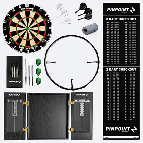 Pinpoint Premium Home Darts Bundle - Regulation Brazilian Sisal Dartboard, 360° LED Surround Light, Checkout Mat with Official Oche, Brass Darts & Accessories, Stand or Cabinet Option (Wall Mounted)