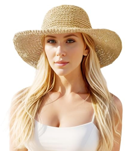 MLPKOI Chapeau de Paille de Femmes Plage, Large Bordure Paille Chapeau de Soleil Pliable Grande Dame Disquette, pPaille à Bord Large pour Voyage Décoration Vacances D'été Adultes Homme Femmes