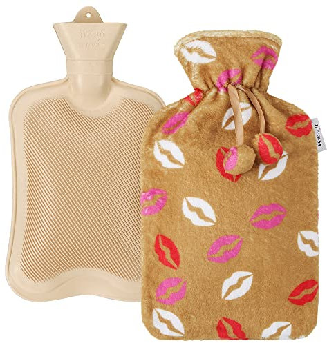Kufl Wärmflasche aus Gummi mit weichem Fleecebezug - beige - Volumen: 2L - große Öffnung -lindert Regelschmerzen, Bauchschmerzen, Krämpfe - Wärmespender an kalten Tagen (beige, 2L)