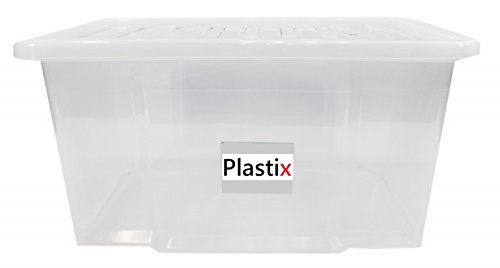 Plastix 50L Clear large Plastic Storage Box With Lid Heavy Duty containers for Store Home & Office stuff Stackable [UK Made]
