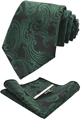 JEMYGINS Cravate Homme Vert Foncé en Soie Paisley Mariage et Pinces à cravate et Carre de poche Ensemble Compris boîte(5)