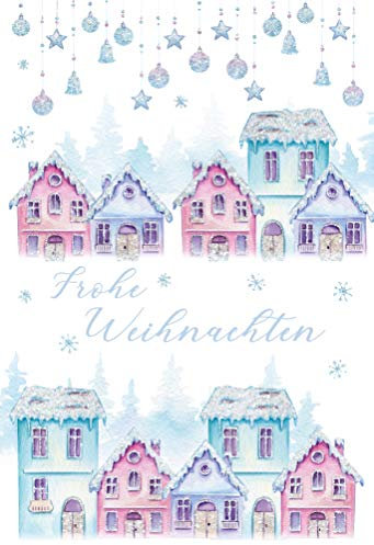 KE - Glitzernde Weihnachtskarten im DIN A6 Format mit Umschlag Set - Perfekt für festliche Grüße | Motiv: Häuser