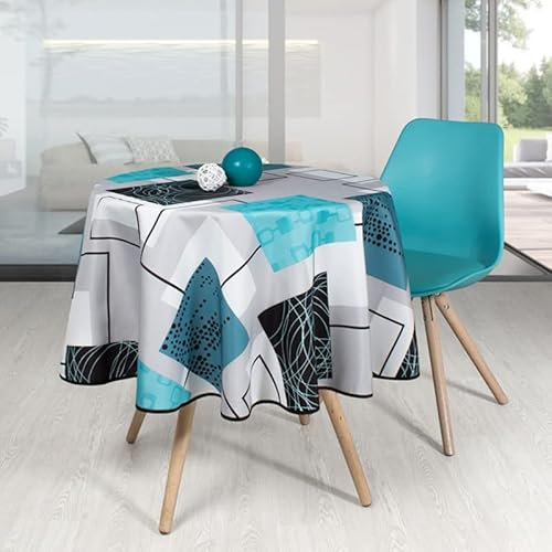 Villages de Provence Runde schmutzabweisende Tischdecke - Faltenbeständig und 100% Polyester - Blau - Ø 160 cm - Puzzle - 4/6 Besteck - Innen oder Außen - Esstisch, Küche oder Garten