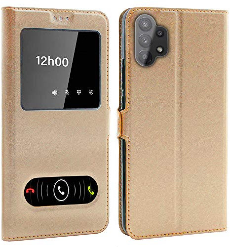 CEKA TECH Coque pour Samsung Galaxy A32 5G (6,5 Pouces), Etui Housse avec FENETRES, Pochette Magnétique pour (Samsung Galaxy A32 5G) - Gold